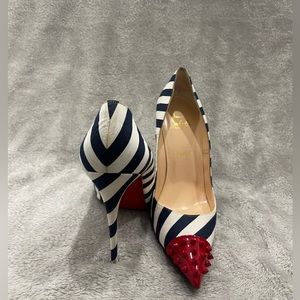 Christian Louboutin, Geo Spike Point-Toe Striped Pump, Red/Navy, size 40.5